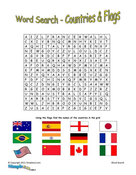 The Word Search For Countries And Flags Is Shown In This Printable