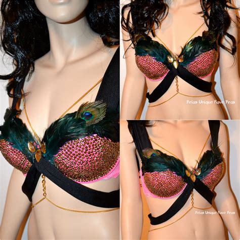 Hot Pink Peacock Feather Rhinestone Cage Bra Lamour Le Allure