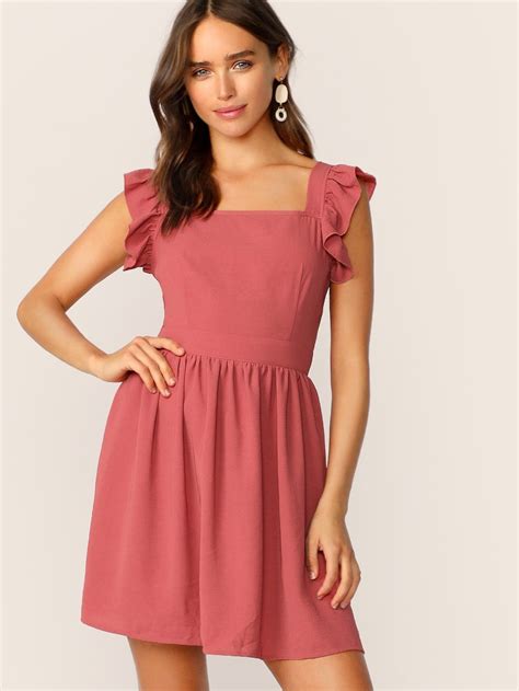 Tie Back Ruffle Strap Fit And Flare Dress Fit Flare Dress Ruffle Trim