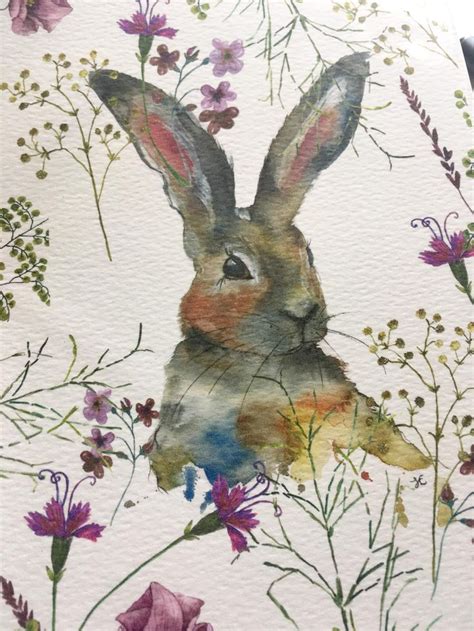 Vintage Floral Hare Watercolour Print Rabbit Artwork Splashy Etsy In