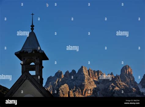 Chapel And The Mountain Monte Cristallo In The Dolomites Italy Stock
