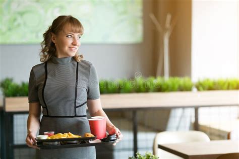 Young Woman With A Tray Of Food In A Cafe Stock Image Image Of