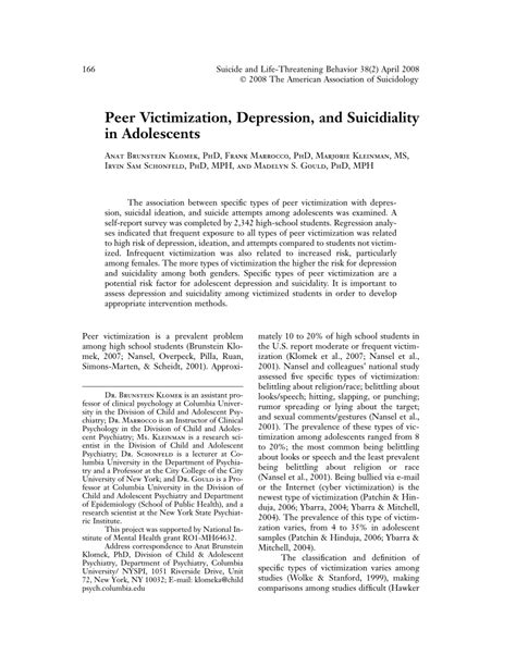Pdf Peer Victimization Depression And Suicidiality In Adolescents