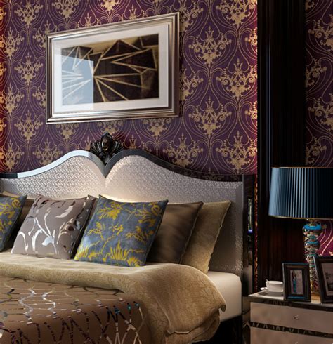 Luxury Victorian Vintage Golden Damask On Purple Wallpaper