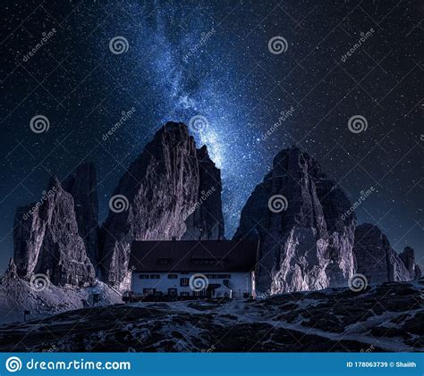 Milky Way Over Dreizinnen Hut In Tre Cime Dolomites Stock Image