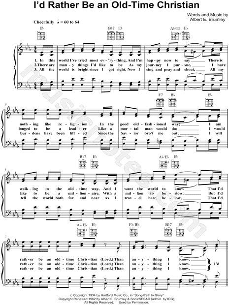 Albert E Brumley Id Rather Be An Old Time Christian Sheet Music In
