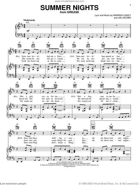 Newton John Summer Nights From Grease Sheet Music For Voice Piano