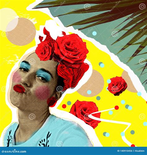 Donna Nello Stile Di Pop Art Ed In Foglie Di Palma Tropicali Collage D