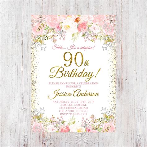 90th Birthday Invitation Women Birthday Invitation Floral Etsy