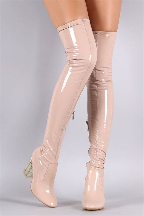 Patent Leather Chunky Lucite Heeled Over The Knee Boots Urbanog Above