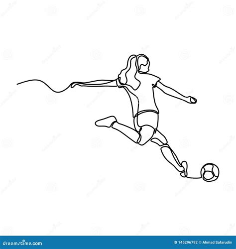 One Line Drawing Of Women Soccer Player Continuous Style Stock Vector