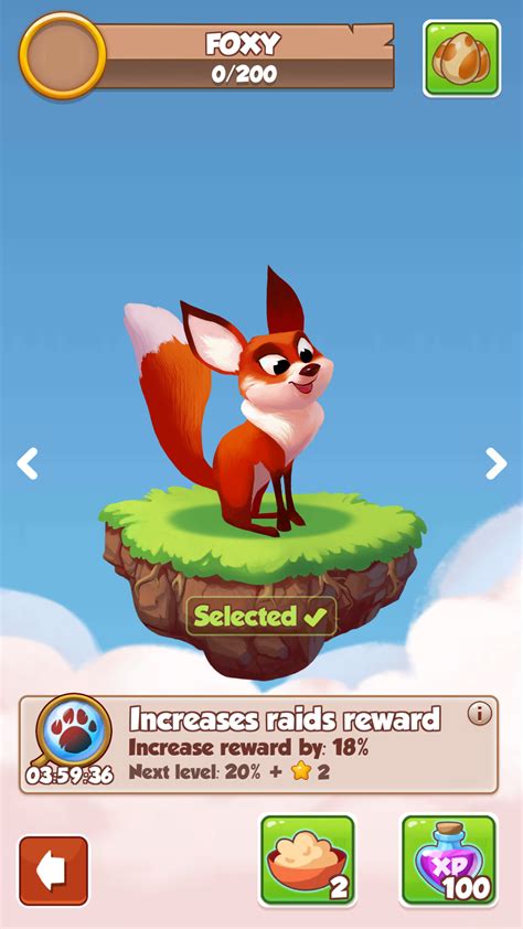The more you continue with the gameplay, the more every village has features such as transportation means, characters, homes, pets, and items of nature. Foxy - Coin Master