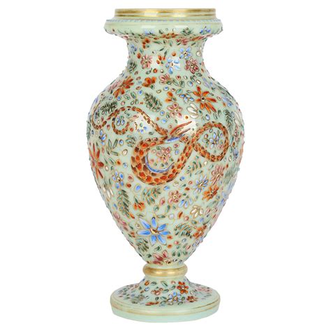 Moser Floral Enameled Green Crackle Glass Vase 19th Century At 1stdibs