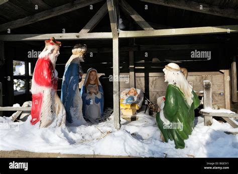 Christmas Nativity Scene Outdoors With Snow Showing Jesus In Manger