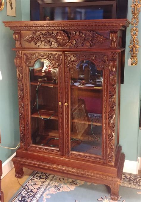 Pulaski two way sliding door curio. Ornate Carved Wood Curio Cabinet with Glass Doors 2 Wooden ...