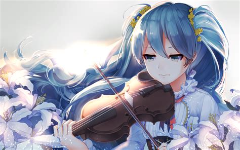 Wallpaper Hatsune Miku Vocaloid Violin Flowers Anime