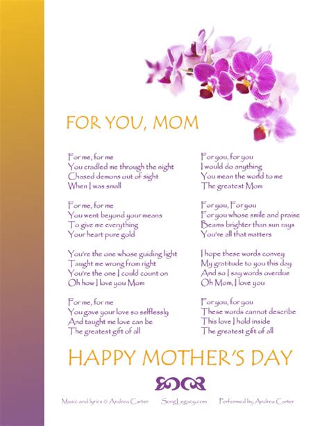 Here is a rich collection of free popular songs about mothers. For You, Mom - Original Mother's Day song from Song Legacy