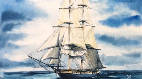 Watercolor Tall Ship In The Ocean Painting Demonstration Tall Ships