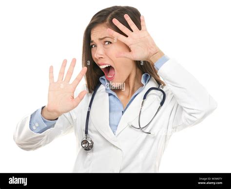 Screaming Scared Doctor Woman Afraid And Frightened Covering Her Face