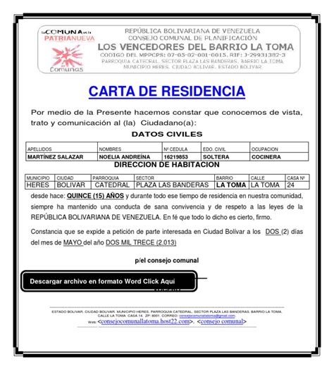 Formato Modelo Ejemplo Carta De Residencia Del Barrio La Toma