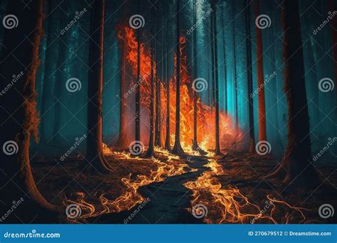 Fire In The Night Forest Flames On The Trees Natural Disaster