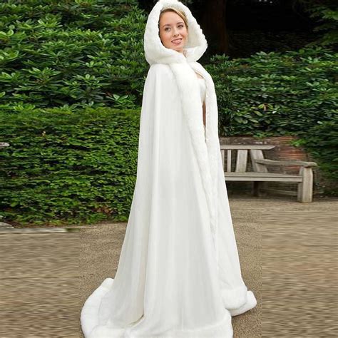 elegant hooded bridal cape ivory white long wedding cloaks faux fur with satin for winter bridal