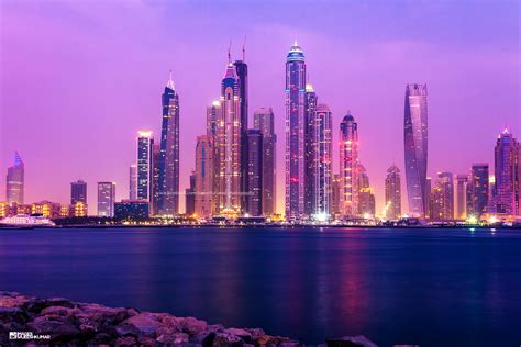 Wallpaper Sunset Sea Sky Skyline Marina Buildings Lights Dubai