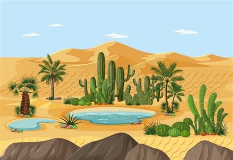 Desert Oasis With Palms And Cactus Nature Landscape Scene Stock Vector