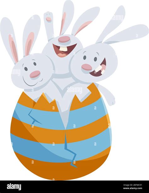 Cartoon Illustration Of Funny Three Easter Bunnies Hatching From Large