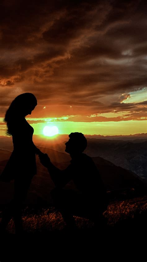 Wallpaper Couple Silhouette Lovers Proposal Sunset Dawn Sunrise