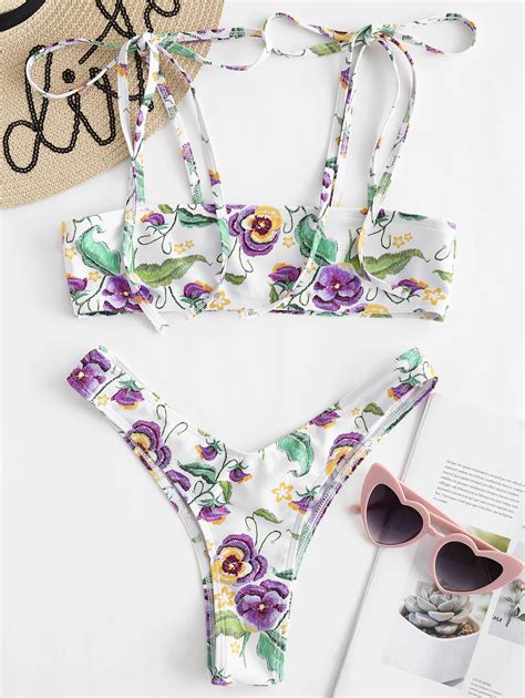 Zaful Flower Cami High Leg Bikini Set Women Summer Sexy Two Pieces