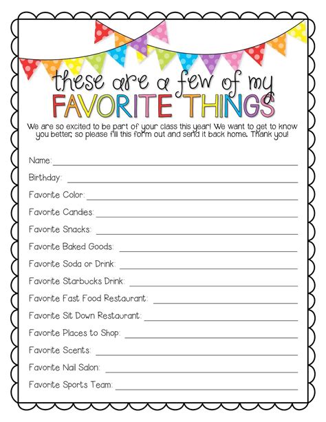 Printable Employee Favorite Things List