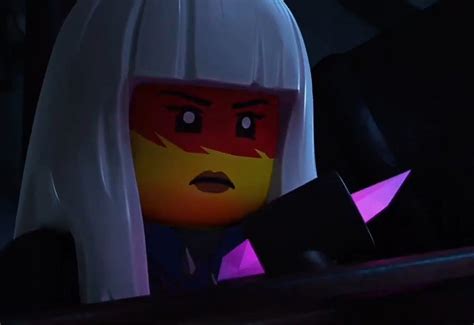 a lego character with long white hair and red eyes in a dark room looking at the camera