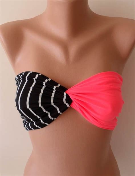 Neon Pink And Striped Bandeau Bikini Top By Summersundesign