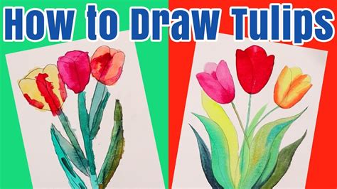 How To Draw Tulips Kids Watercolor Tutorial Youtube