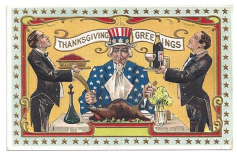 In the illustration titled uncle sam's thanksgiving dinner, immigrants and americans of different backgrounds sit around a table, prepared for the feast. VINTAGE POSTCARD Thanksgiving UNCLE SAM served carved ...