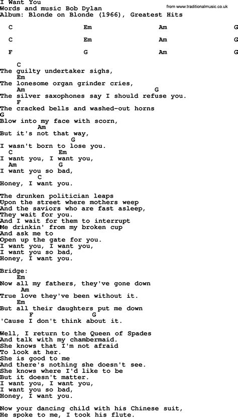 Bob Dylan Song I Want You Lyrics And Chords