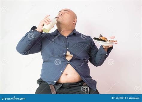 Asian Bald Fat Man With Big Belly Happy In Food Stock Photo Image Of