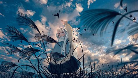 Cute Anime Girl Plants Anime Landscape Clouds Bird Short Hair