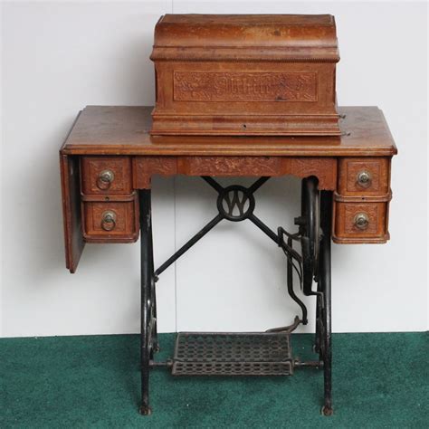 Antique White Treadle Sewing Machine And Table Ebth