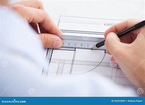 Architect Using Ruler And Pencil On Blueprint Stock Image Image Of