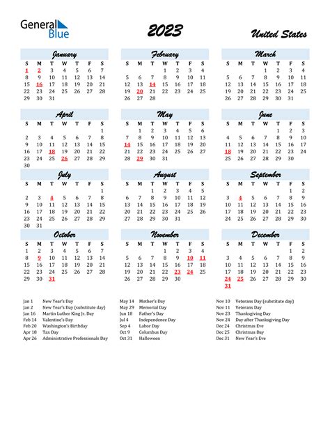 Calendar 2023 With Holidays Printable