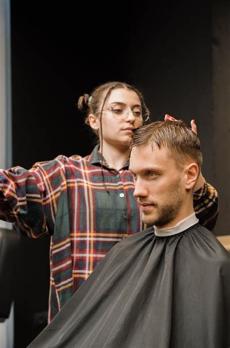 Barbershop Close Up Woman Hairdresser Cuts Hair Makes A Man S