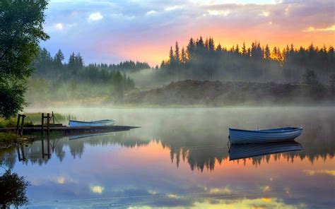 デスクトップ壁紙 日光 風景 森林 ボート 日没 湖 水 自然 反射 雲 日の出 落ち着いた イブニング 朝