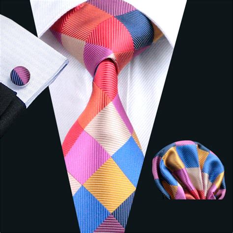 Fa 216 Men`s Tie Multi Color Plaid Silk Jacquard Woven Tie Hanky