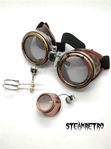 bronze steampunk goggles double loupe clear mesh cyber etsy