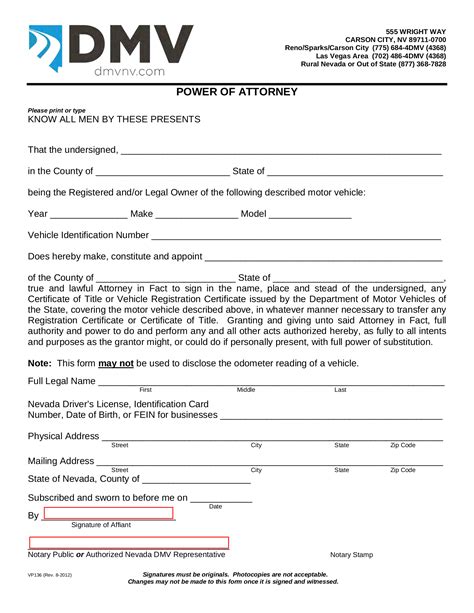 Free Nevada Motor Vehicle Power Of Attorney Form Vp136 Pdf Eforms