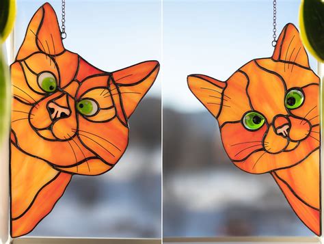 Peeking Cat Stained Glass Suncatcher Ginger Cat Lovers T Etsy