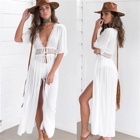 Zkcenier 2019 Lace White Beach Cover Up Dress Tunic Long Pareos Bikinis Cover Ups Swim Cover Up