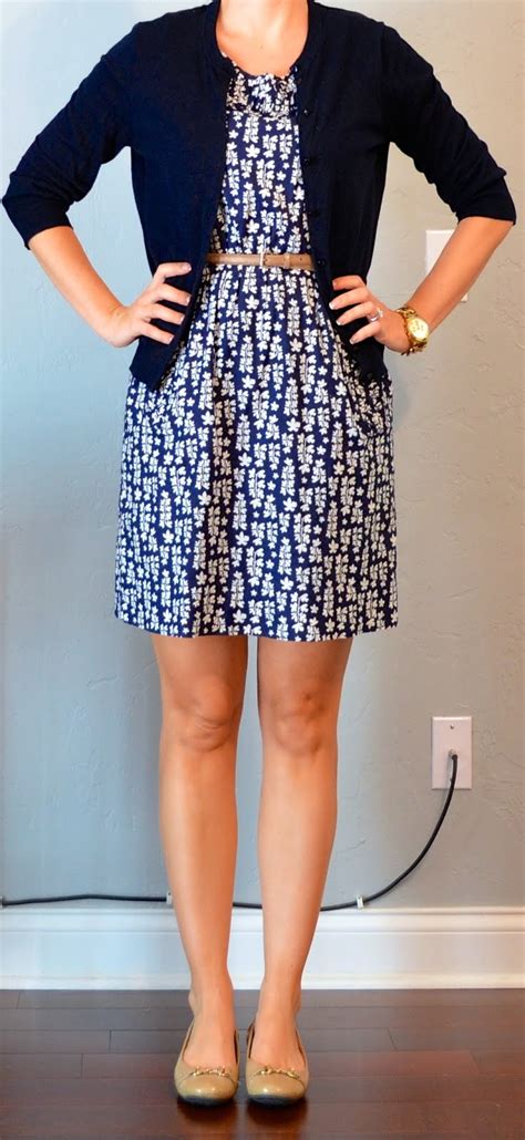 outfit post blue floral dress navy cardigan gold belt outfit posts
